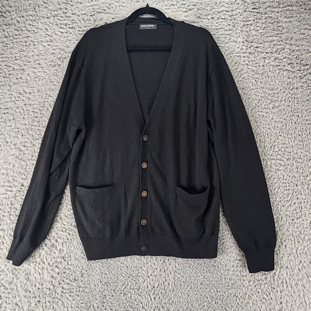 Kallspin Sweater Womens Large Black Cashmere Blend Button Up Cardigan *Read*